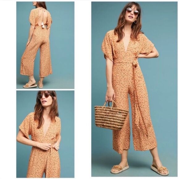 Faithfull The Brand Plunge Orange‎ Floral Jumpsuit Boho Cottagecore Size 2 - Picture 1 of 5
